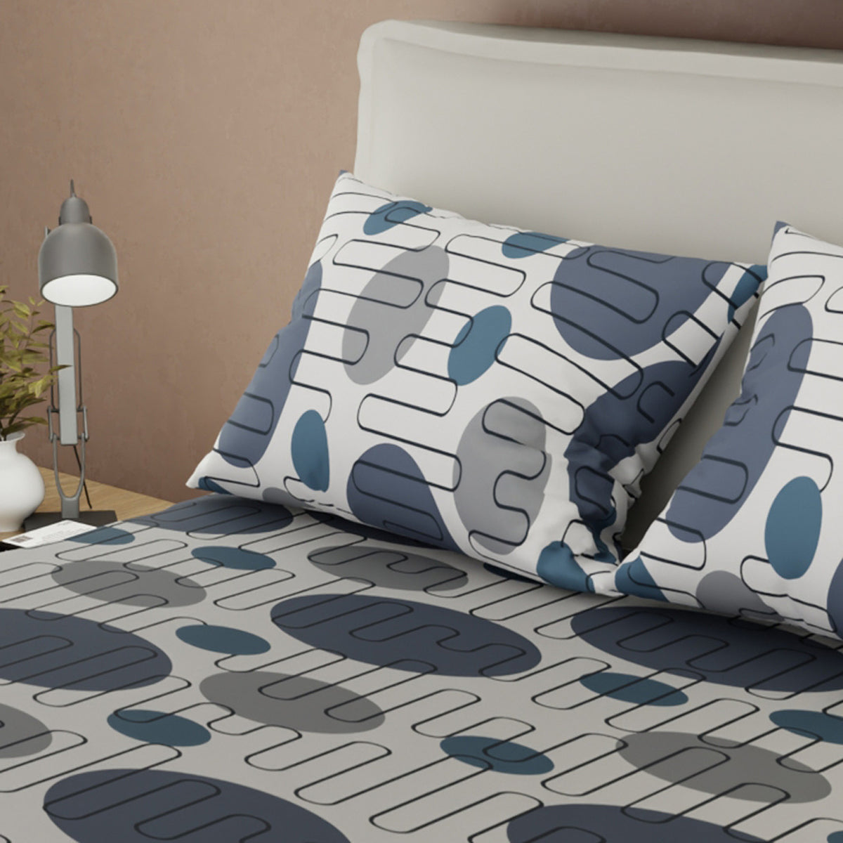 Sábana ajustable Trazo Memphis para cama doble gris en microfibra 140x190 cm