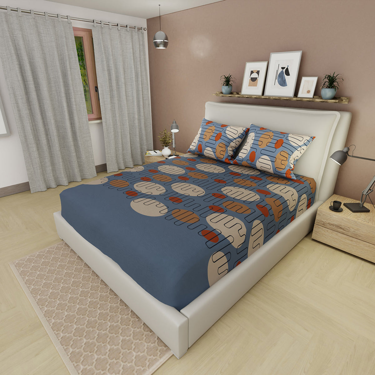 Sábana ajustable Trazo Memphis para cama doble azul en microfibra 140x190 cm