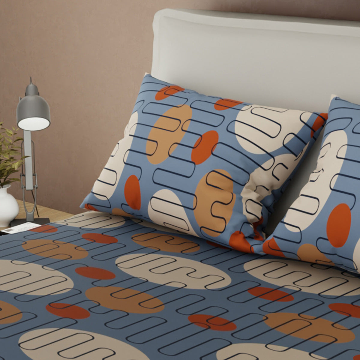 Sábana ajustable Trazo Memphis para cama doble azul en microfibra 140x190 cm