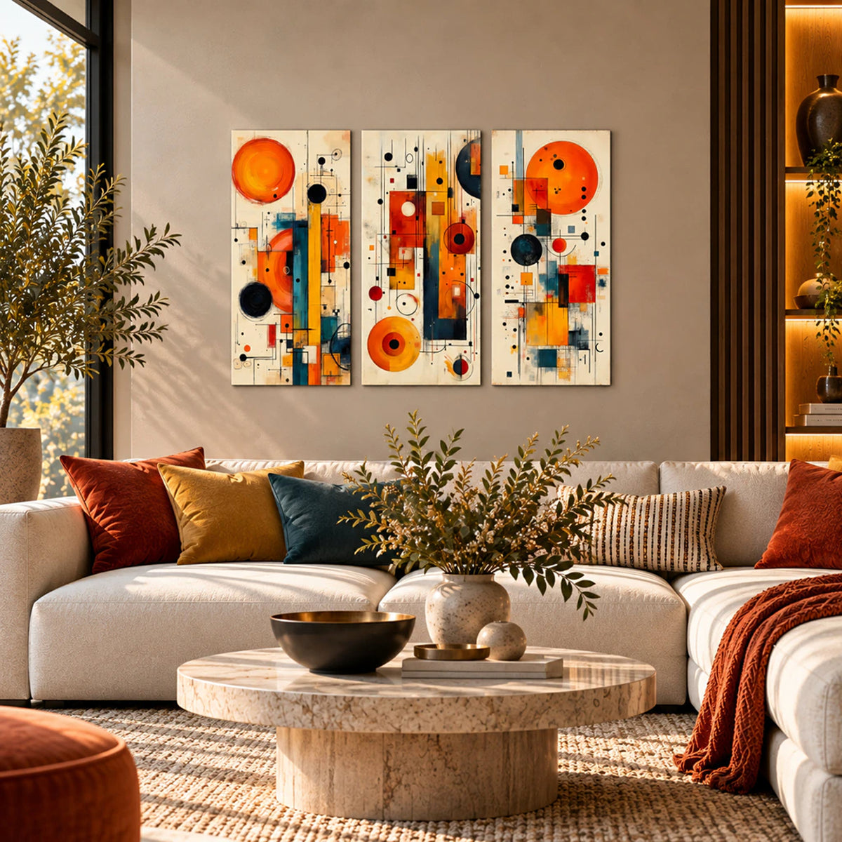 Lienzo Tríptico Cuadros Decorativos Armonía Geométrica Tonos Tierra 34x72 cu