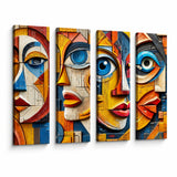 Lienzo Set 4 Cuadros Decorativos Rostros Abstractos Efecto Relieve 18x60cm cu