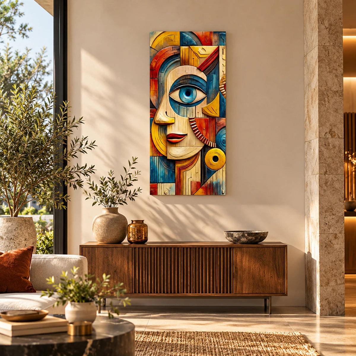 Lienzo Cuadro Decorativo Mirada Mediterránea Mujer Cubista 118x55cm