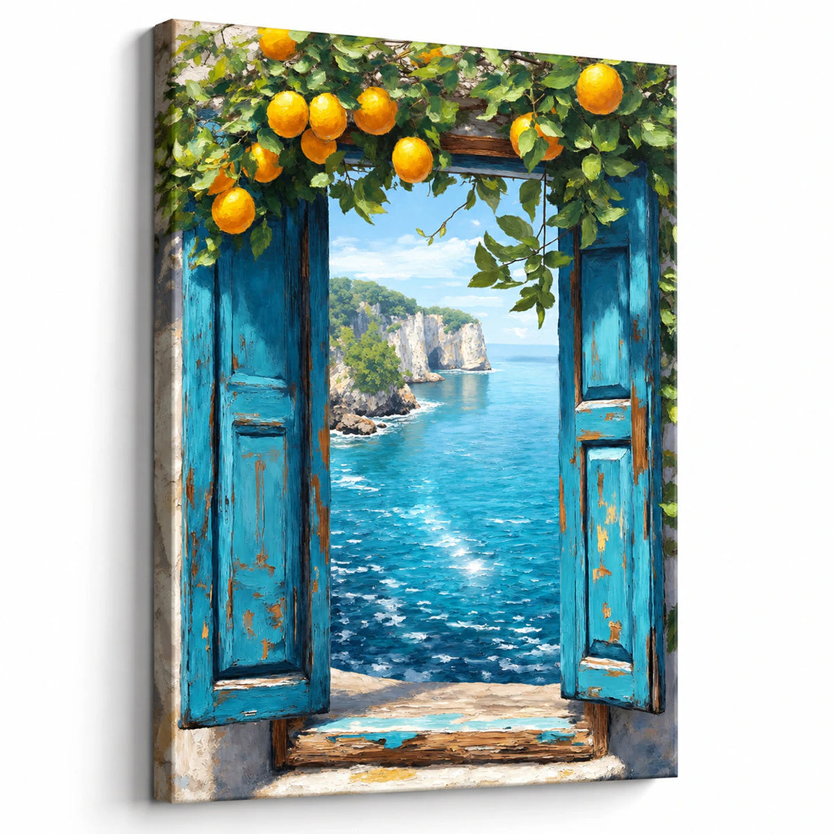Lienzo Cuadro Decorativo Ventana Mediterránea Entre Limoneros y Mar 60x43cm