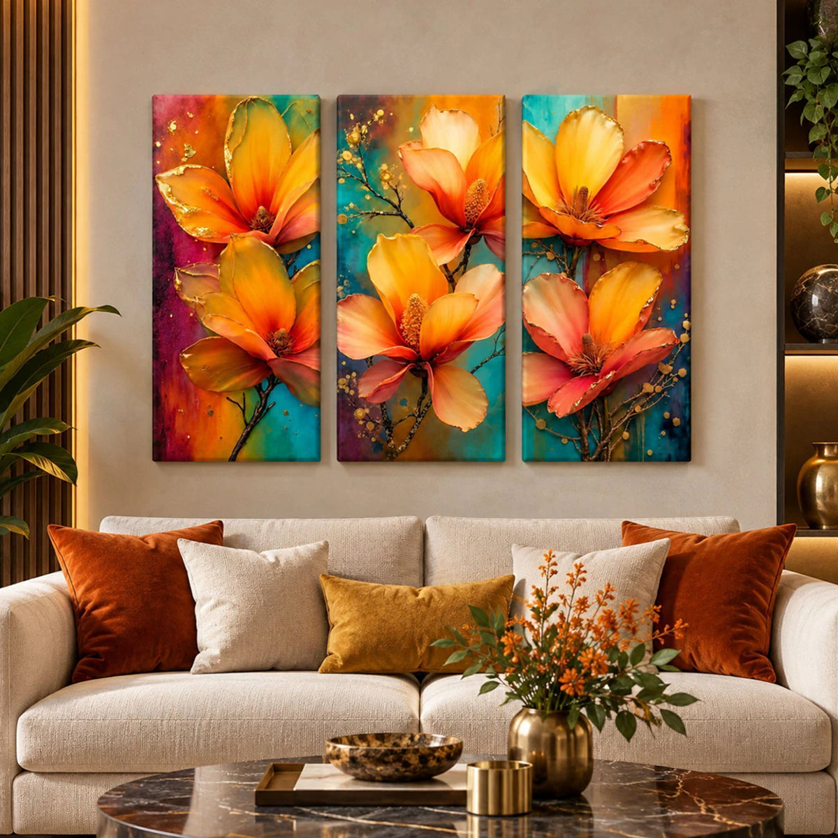 Lienzo Tríptico Cuadros Decorativos Floral Vibrante 34x72cm cu