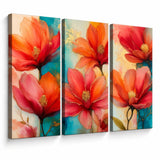Lienzo Tríptico Cuadros Decorativos Verano Floral Naranja Azul 34x72cm cu