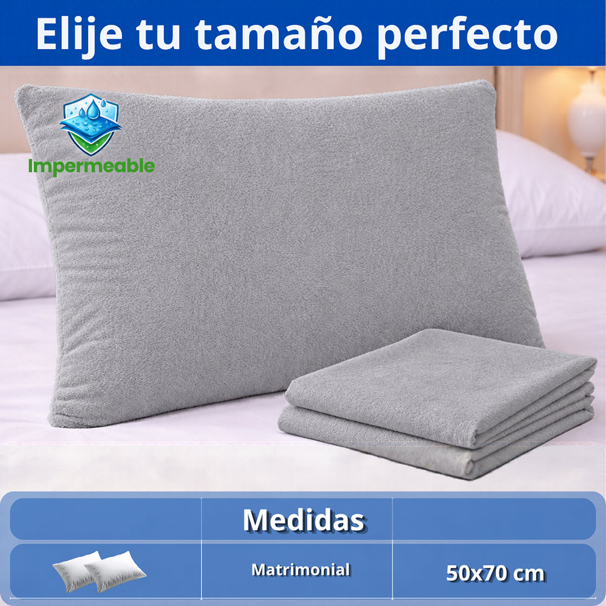 Set x2 protectores de almohada Terry gris impermeables 70x50 cm de algodón