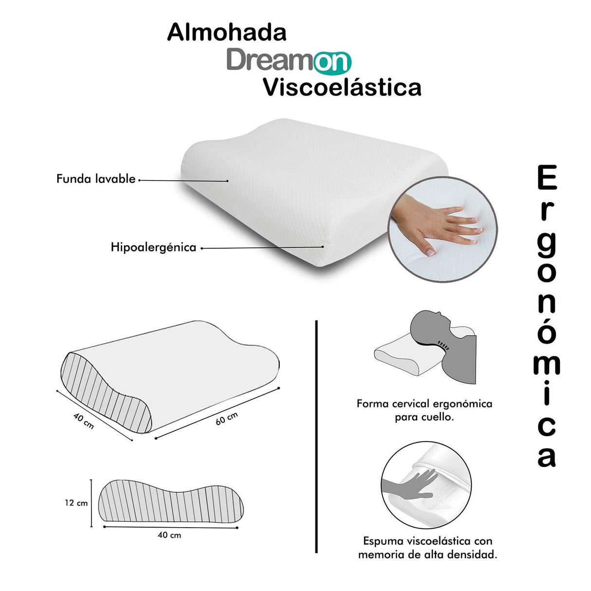 Almohada DreamOn Espuma viscoelástica Blanca 60 cm Ergonómica