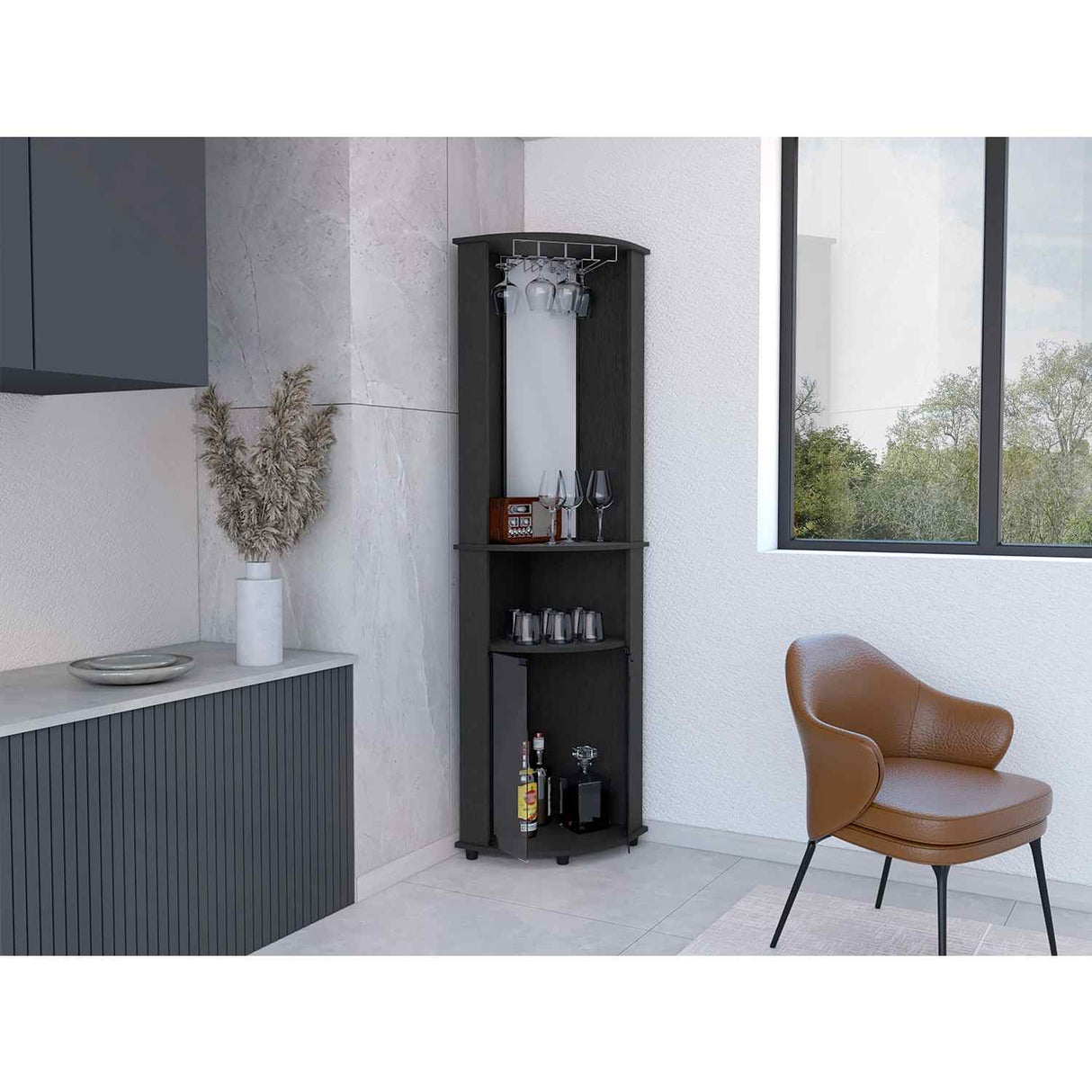 Bar Esquinero Chicago Wengue 190 cm con Colgadero de Copas y Almacenamiento - Bares | Bylmo