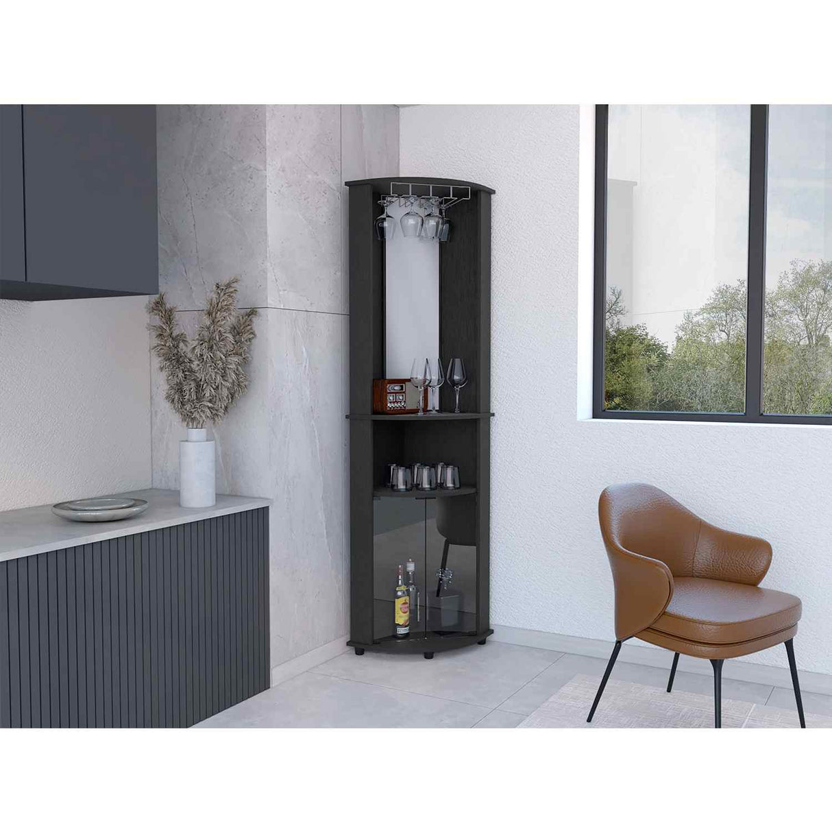Bar Esquinero Chicago Wengue 190 cm con Colgadero de Copas y Almacenamiento - Bares | Bylmo