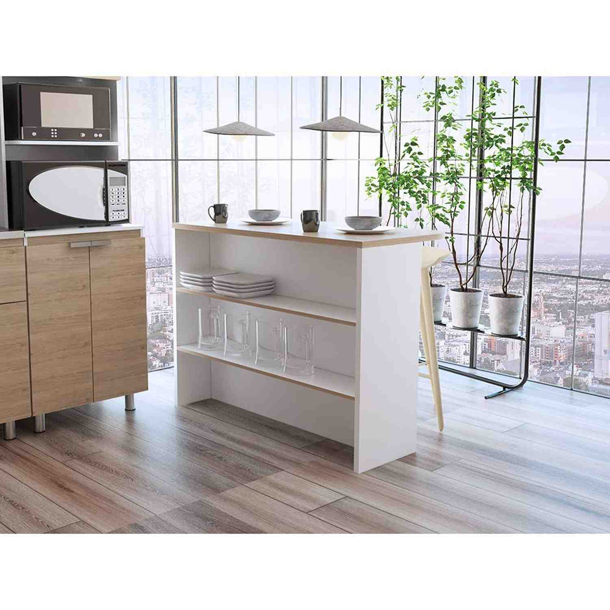Barra de Cocina Fendi Blanco y Rovere 120x90cm con Dos Entrepaños y con Dos Comportamientos