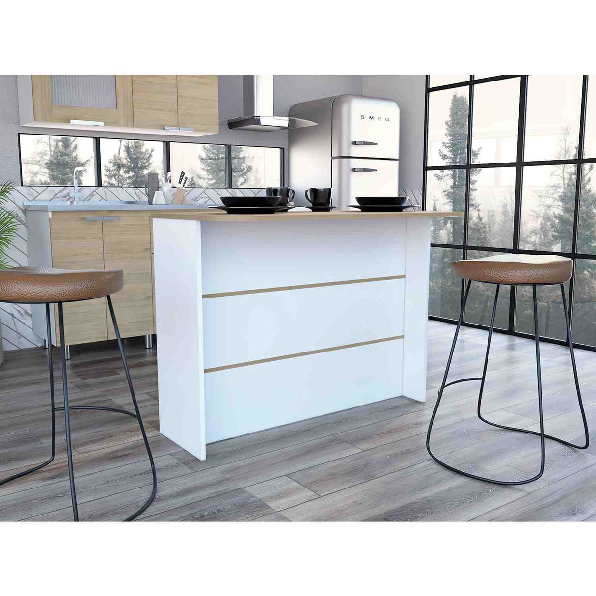 Mueble Auxiliar de Cocina Fendi Rovere y Blanco 120x90cm con Dos Entrepaños y Tres Compartimientos - Barras y Muebles Auxiliares | Bylmo