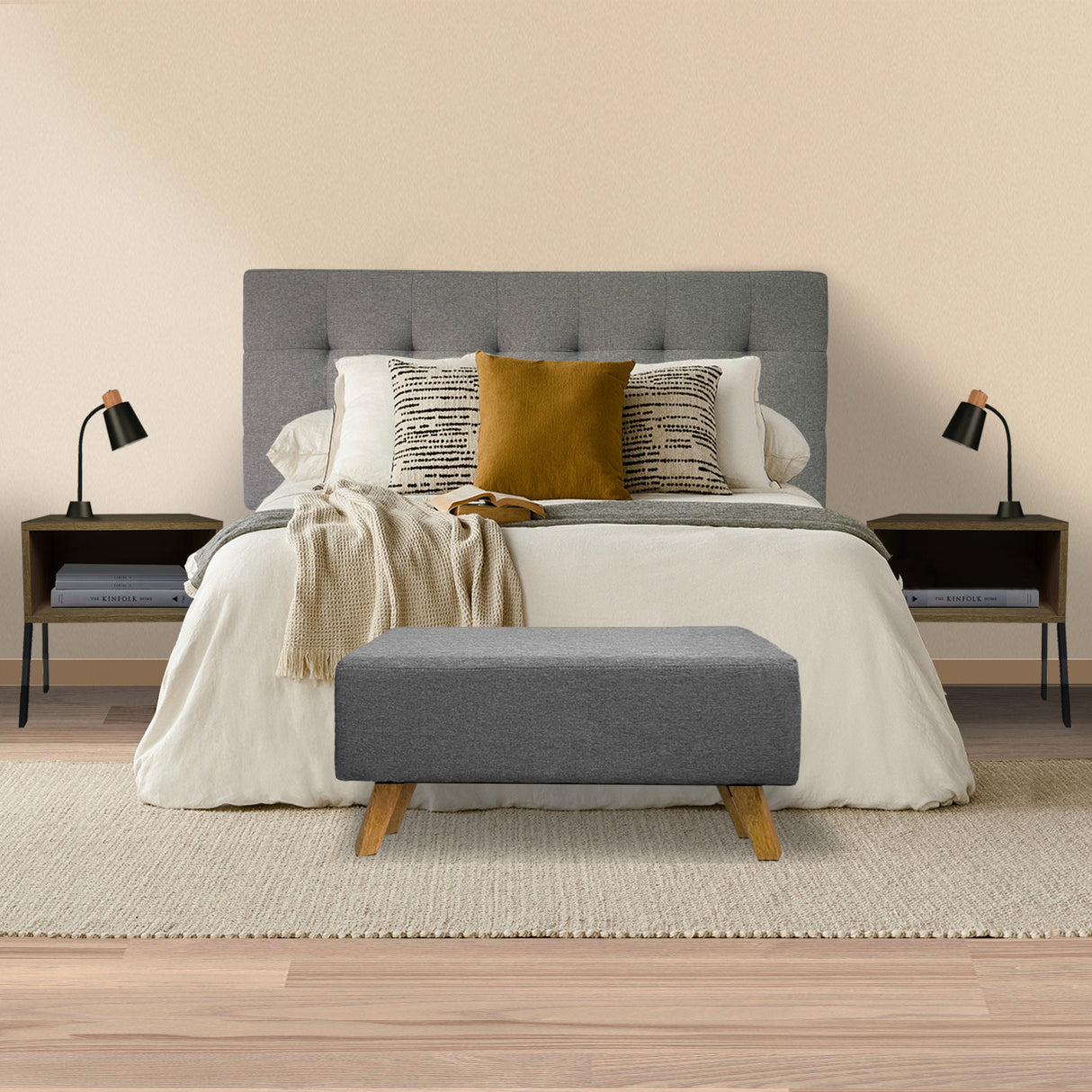 Combo Cabecero Room Gris Doble 140 cm Rectangular con Banqueta y 2 Mesas de Noche Cuadradas - Combos Habitacion | Bylmo