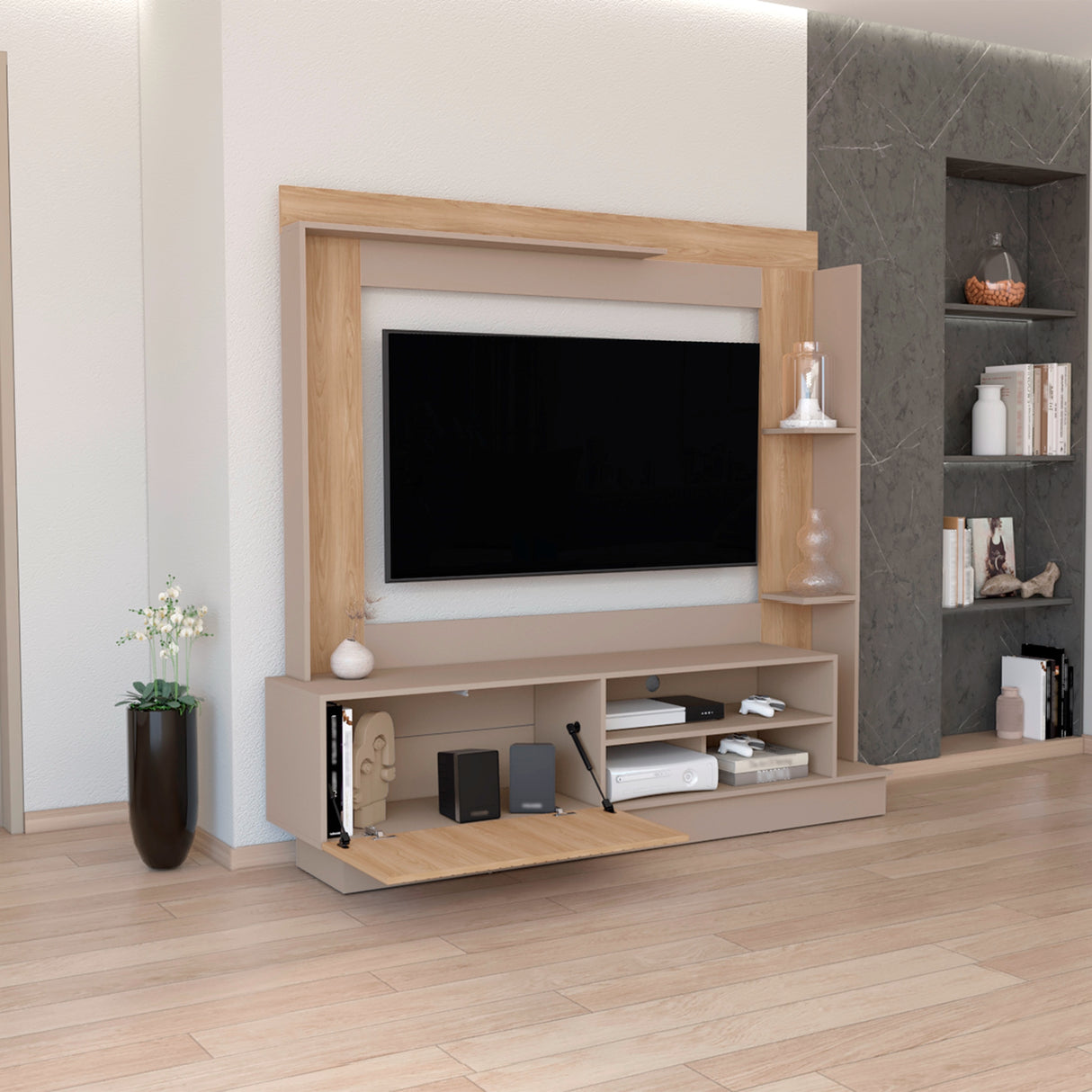 Centro de Entretenimiento Doha Taupe 180x180cm Para TV Hasta 60 Pulgadas con Un Cajón y con Ranuras para Cables - Muebles de TV | Bylmo