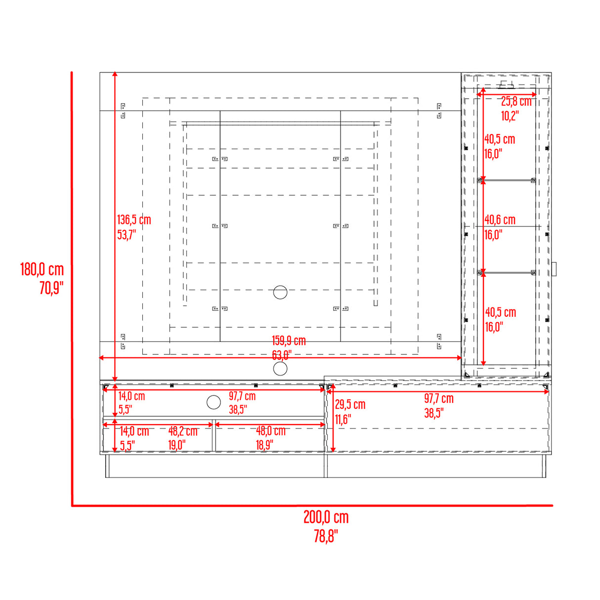 Centro de Entretenimiento Yakarta Taupe 200x180cm Para TV Hasta 70 Pulgadas con Un Cajón y con Ranuras para Cables - Muebles de TV | Bylmo