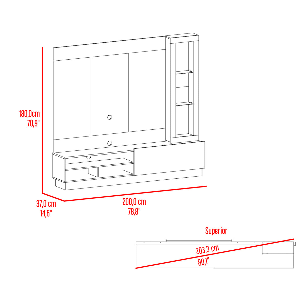 Centro de Entretenimiento Yakarta Taupe 200x180cm Para TV Hasta 70 Pulgadas con Un Cajón y con Ranuras para Cables - Muebles de TV | Bylmo
