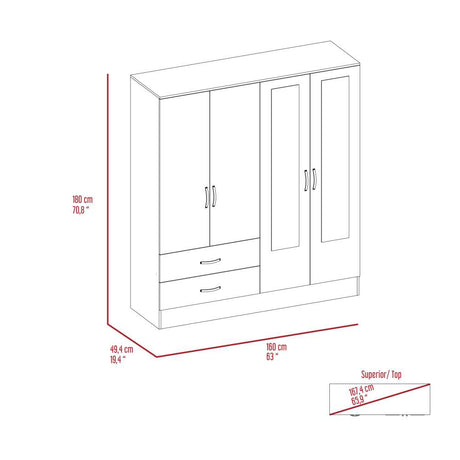 Closet Bolton Wengue 120x180.6cm con 2 Cajones con 4 Entrepaños con Espejo