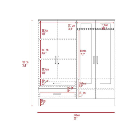 Closet Bolton Wengue 120x180.6cm con 2 Cajones con 4 Entrepaños con Espejo