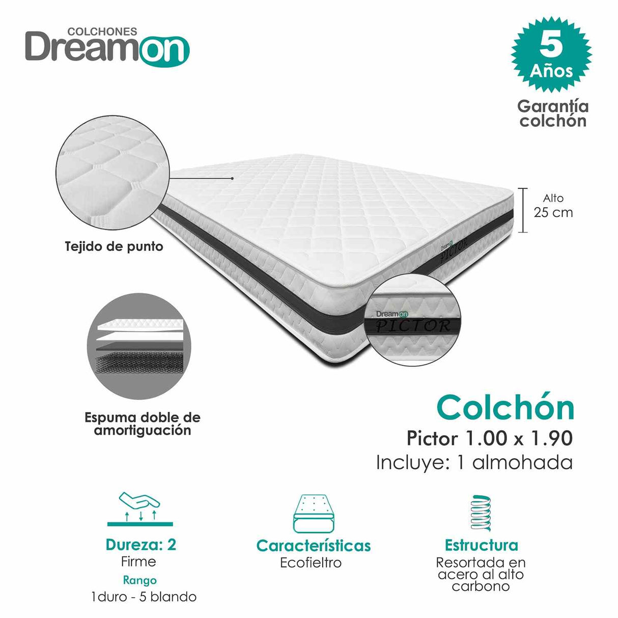 Combo Colchón Pictor Blanco Sencillo 100 X 190 Cm Medio Firme e Hipoalergénico