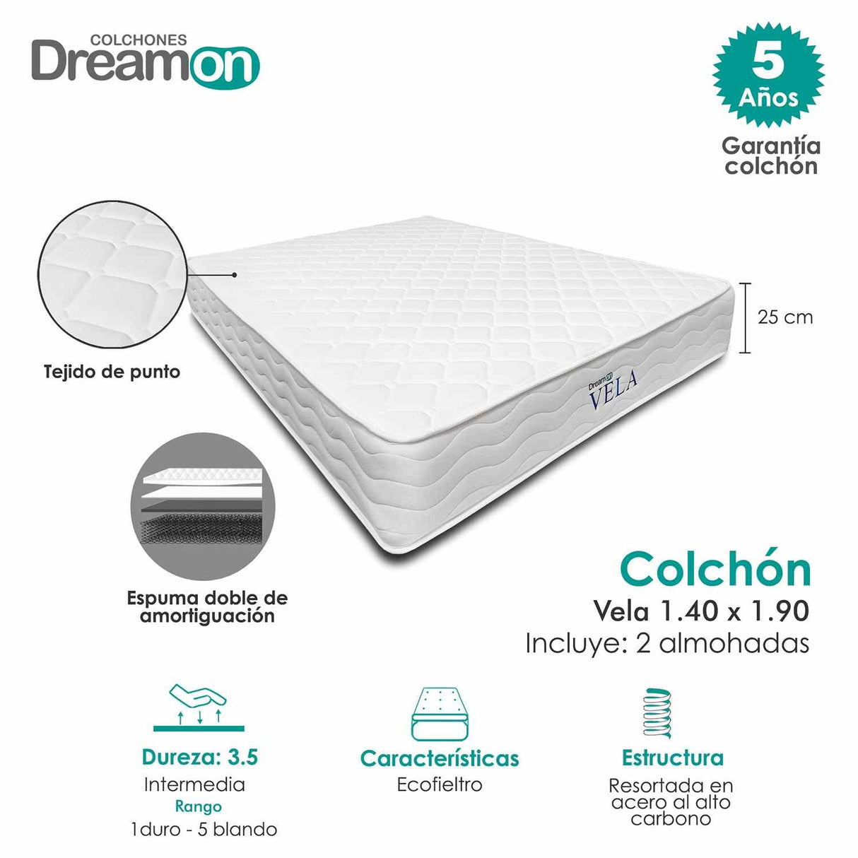 Combo Colchón Vela Blanco Doble 140 X 190 Cm Medio e Hipoalergénico