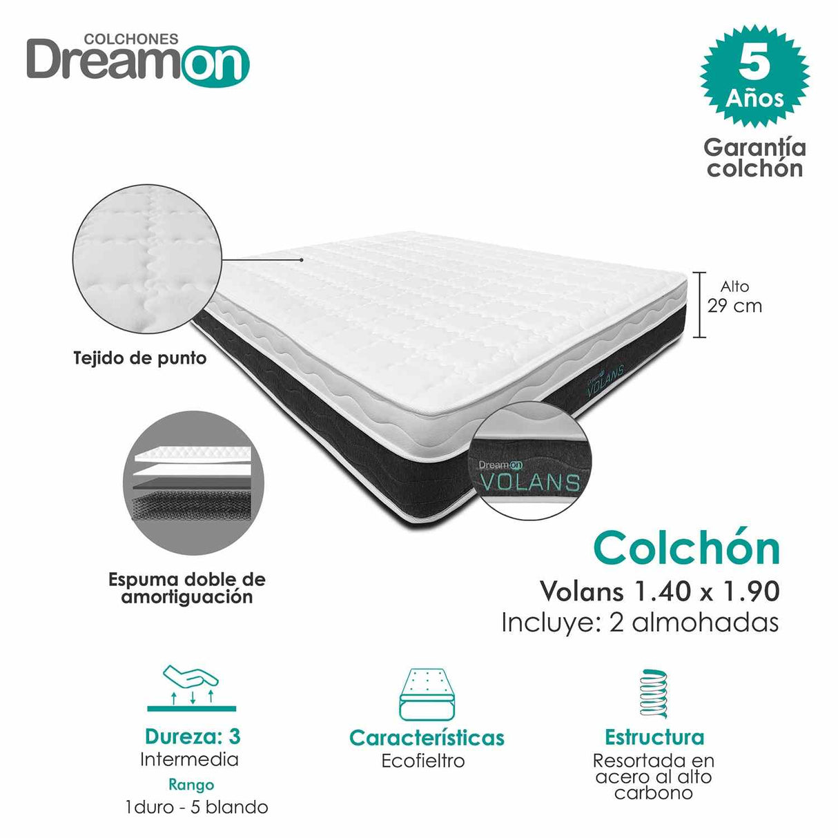 Combo Colchón Volans Blanco Doble 140 X 190 Cm Medio e Hipoalergénico