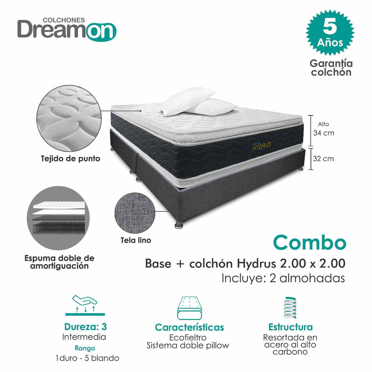 Combo Base Cama y Colchón DreamOn Hydrus Gris King 200 cm Rectangular con Dos Almohadas