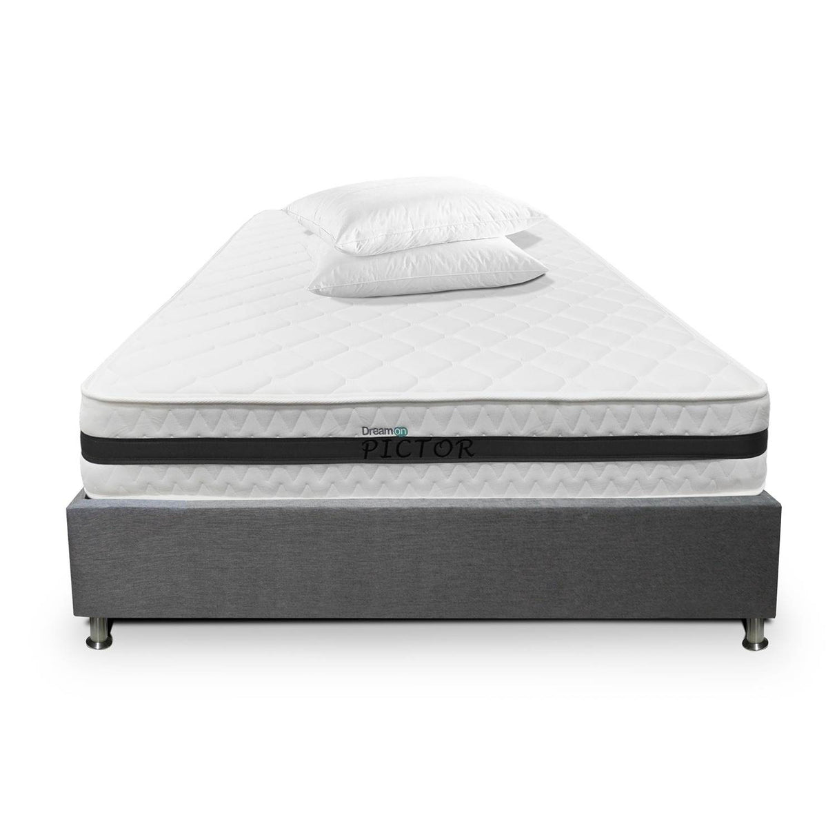 Combo Base Cama y Colchón DreamOn Pictor Gris Doble 140 cm Rectangular con Dos Almohadas