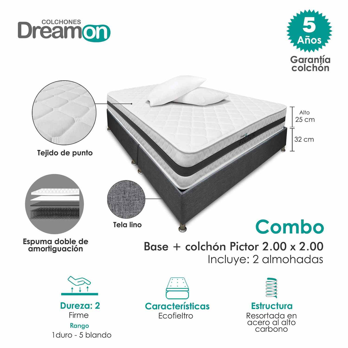 Combo Base Cama y Colchón DreamOn Pictor Gris King 200 cm Rectangular con Dos Almohadas