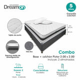 Combo Base Cama y Colchón DreamOn Pictor Gris King 200 cm Rectangular con Dos Almohadas