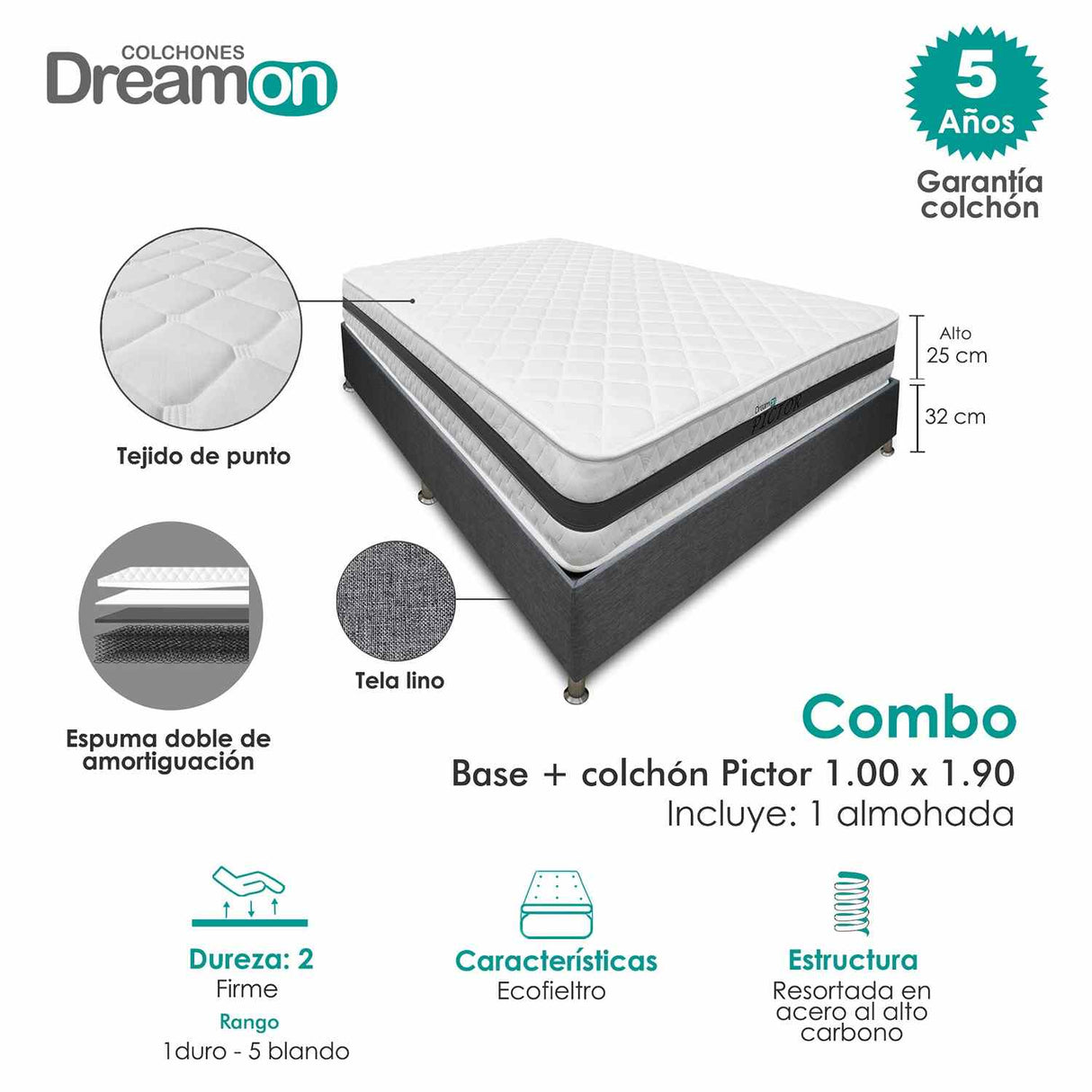 Combo Base Cama y Colchón DreamOn Pictor Gris Sencilla 100 cm Rectangular con Una Almohada