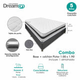 Combo Base Cama y Colchón DreamOn Pictor Gris Sencilla 100 cm Rectangular con Una Almohada
