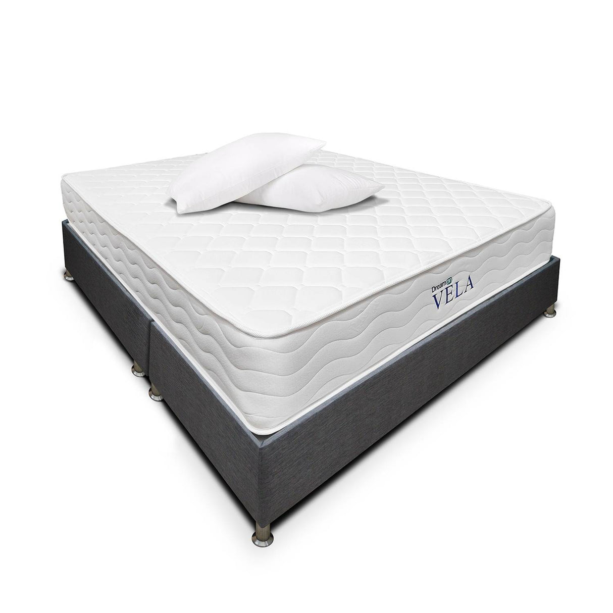 Combo Base Cama y Colchón DreamOn Vela Gris Queen 160 cm Rectangular con Dos Almohadas