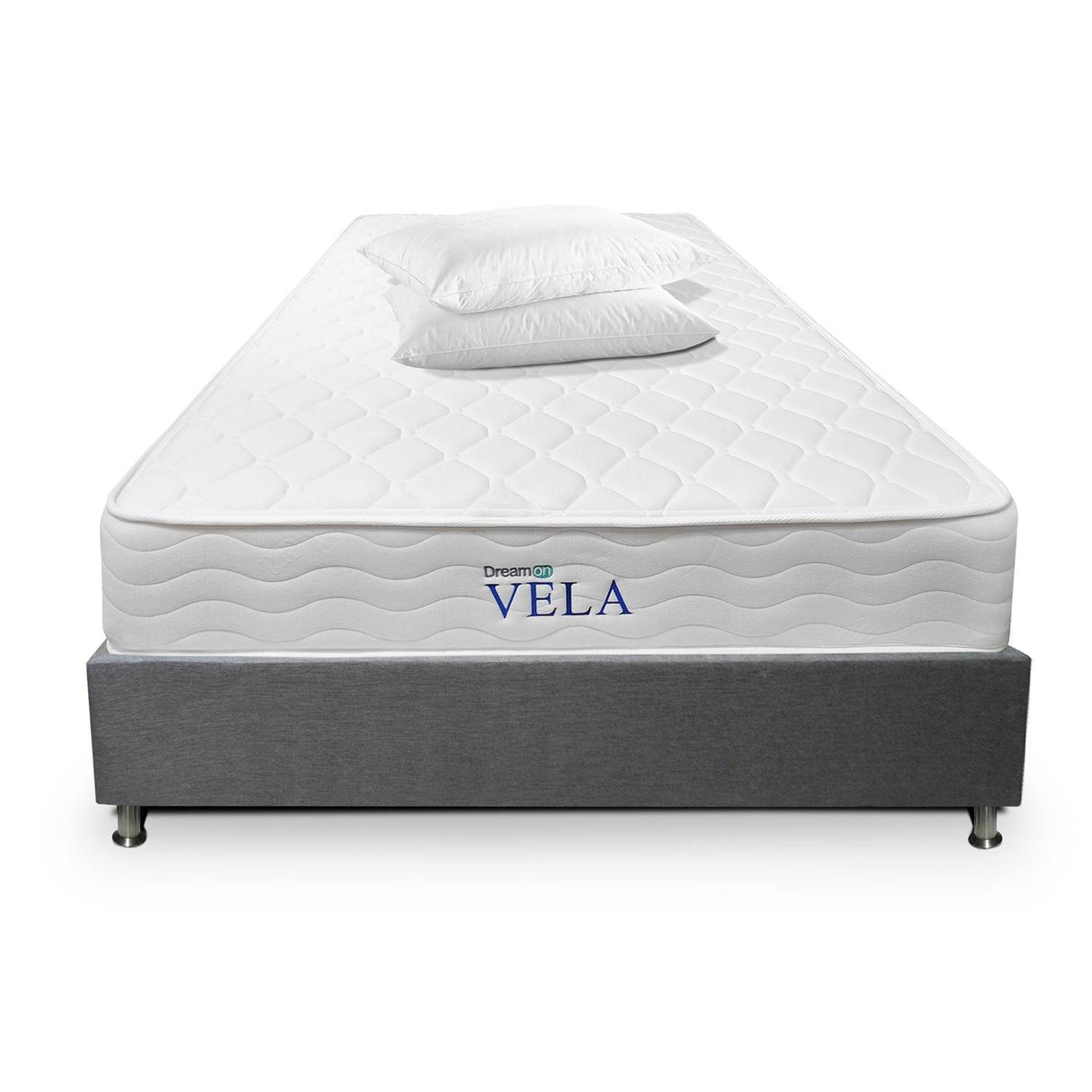 Combo Base Cama y Colchón DreamOn Vela Gris Queen 160 cm Rectangular con Dos Almohadas