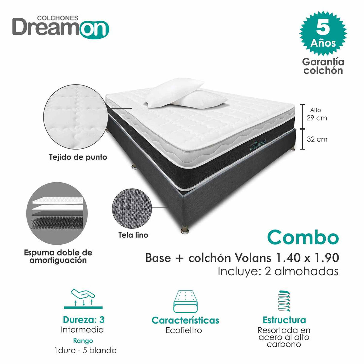 Combo Base Cama y Colchón DreamOn Volans Gris Doble 140 cm Rectangular con Dos Almohadas