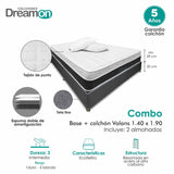 Combo Base Cama y Colchón DreamOn Volans Gris Doble 140 cm Rectangular con Dos Almohadas