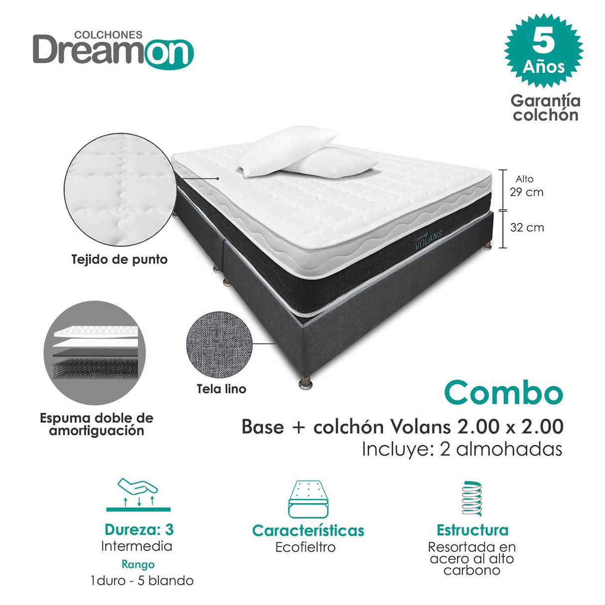 Combo Base Cama y Colchón DreamOn Volans Gris King 200 cm Rectangular con Dos Almohadas