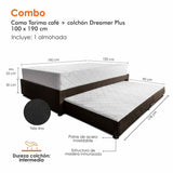 Combo Cama Tarima y Colchón Dreamer Café Sencilla 100 cm Rectangular con Una Almohada