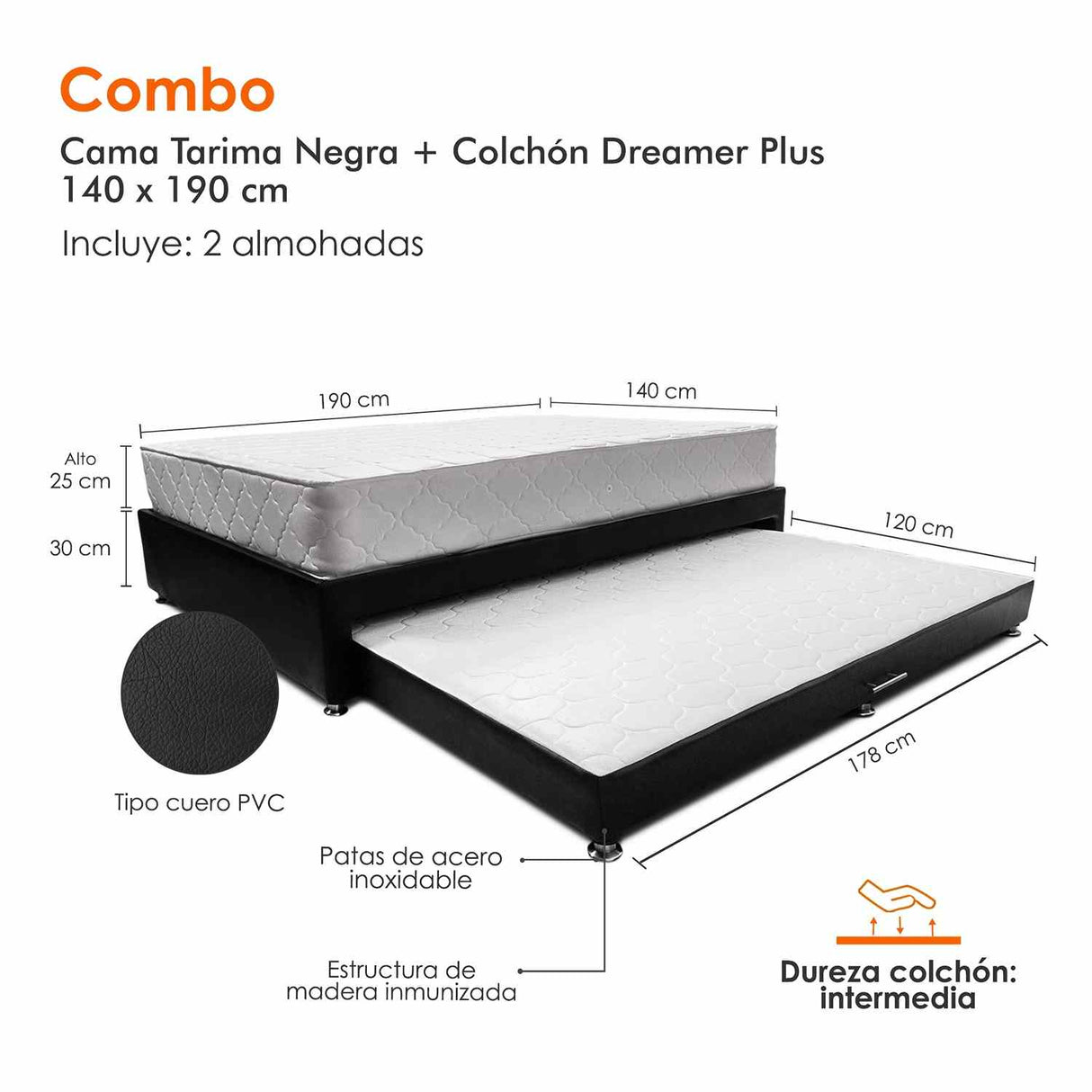 Combo Cama Tarima y Colchón Dreamer Negro Doble 140 cm Rectangular con Dos Almohadas