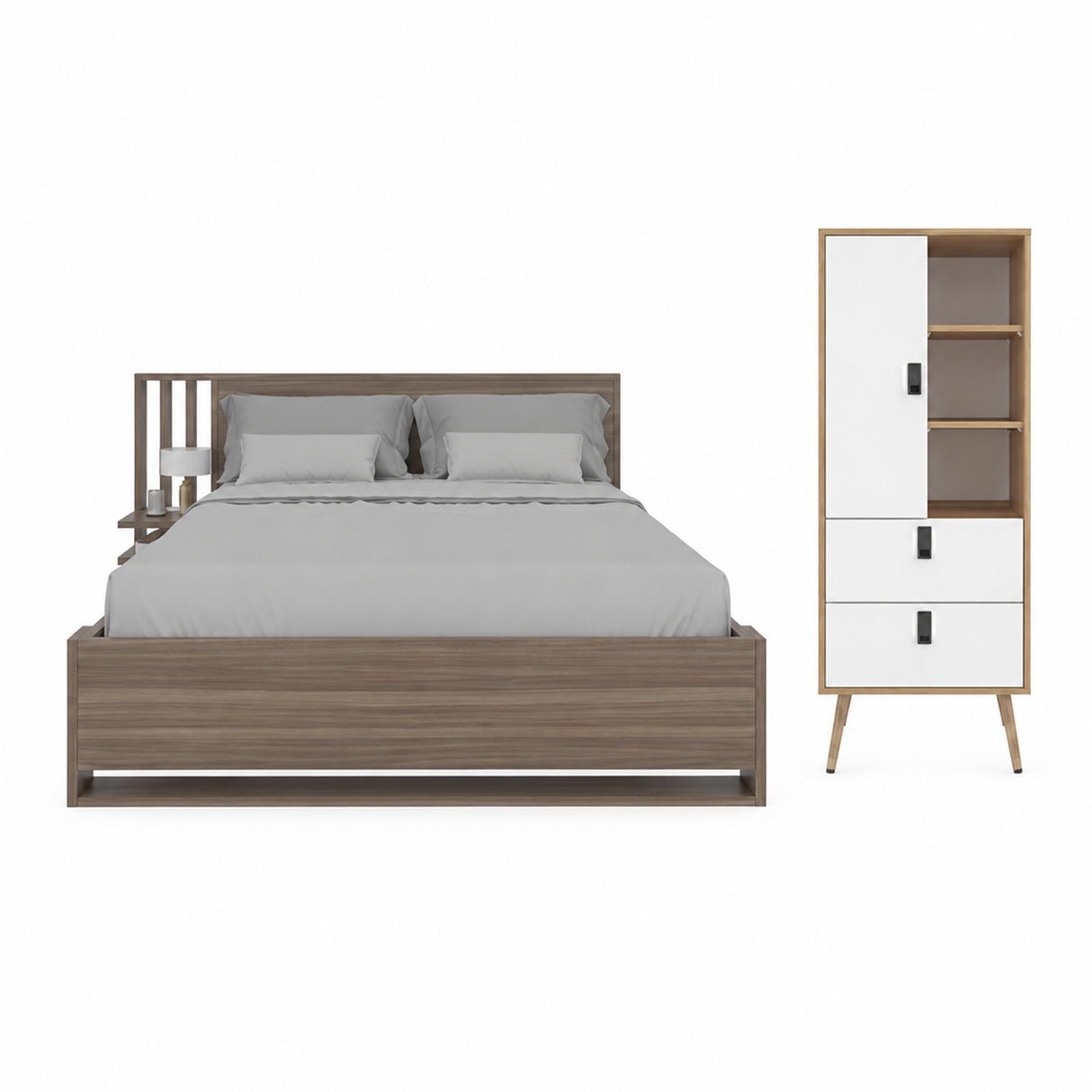 Combo Base Cama Vance Avellana y Cómoda Huna Fresno