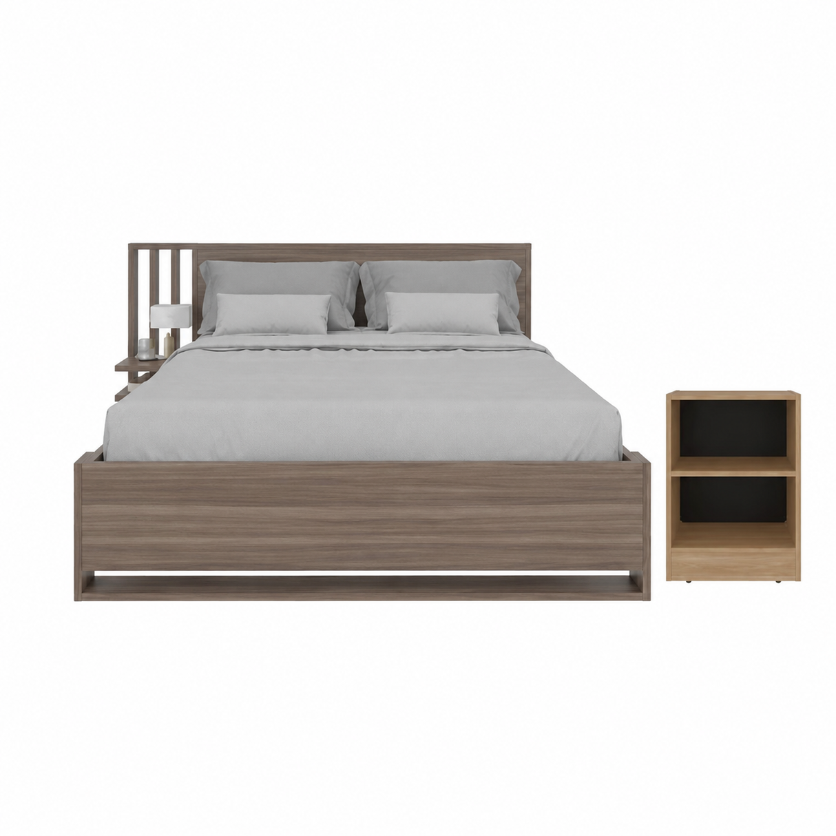 Combo Base Cama Vance Avellana y Mesa de Noche Clay Fresno