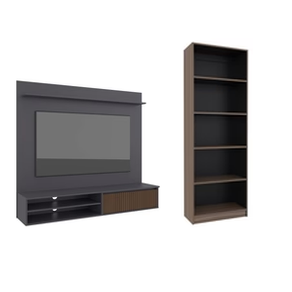 Combo Panel de TV Bowie Plomo y Estantería Home E1 Avellana