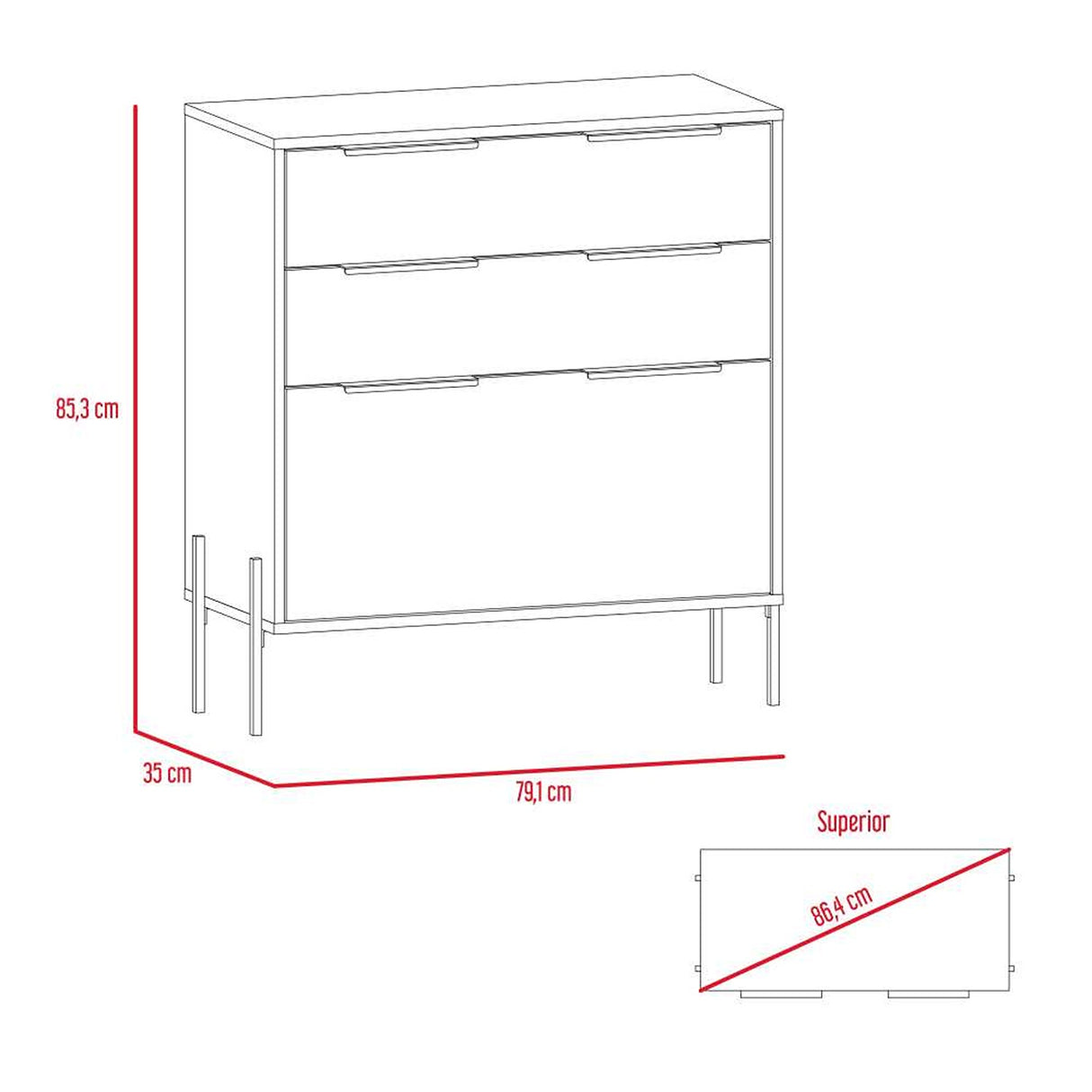 Cómoda White Collection Blanco 79.1x85.3cm De Tres Hileras con Tres Cajones - Cajoneras | Bylmo