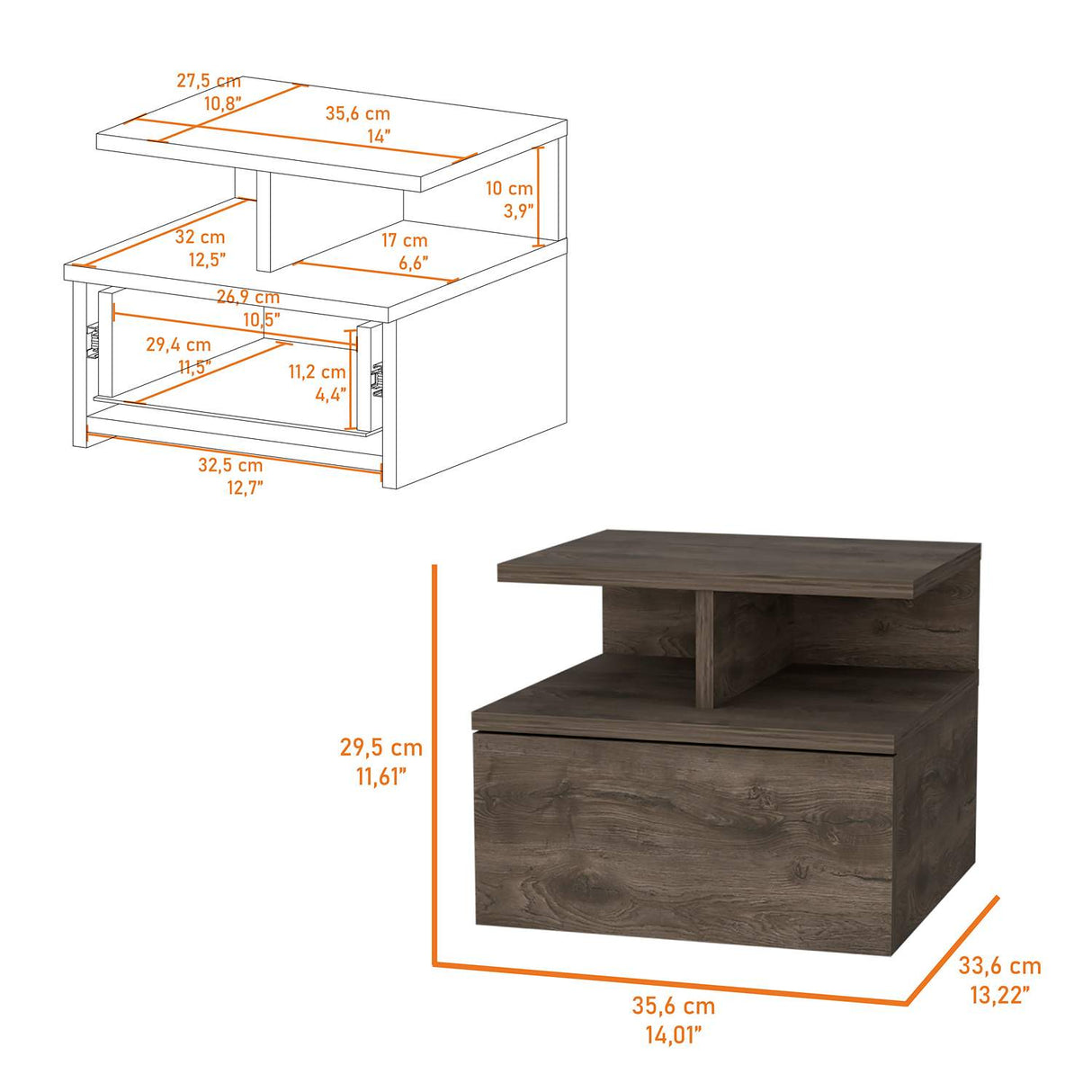 Mesa de Noche Flotante Bellota 36x30cm con Un Cajón y con Un Compartimiento - Mesas de Noche | Bylmo