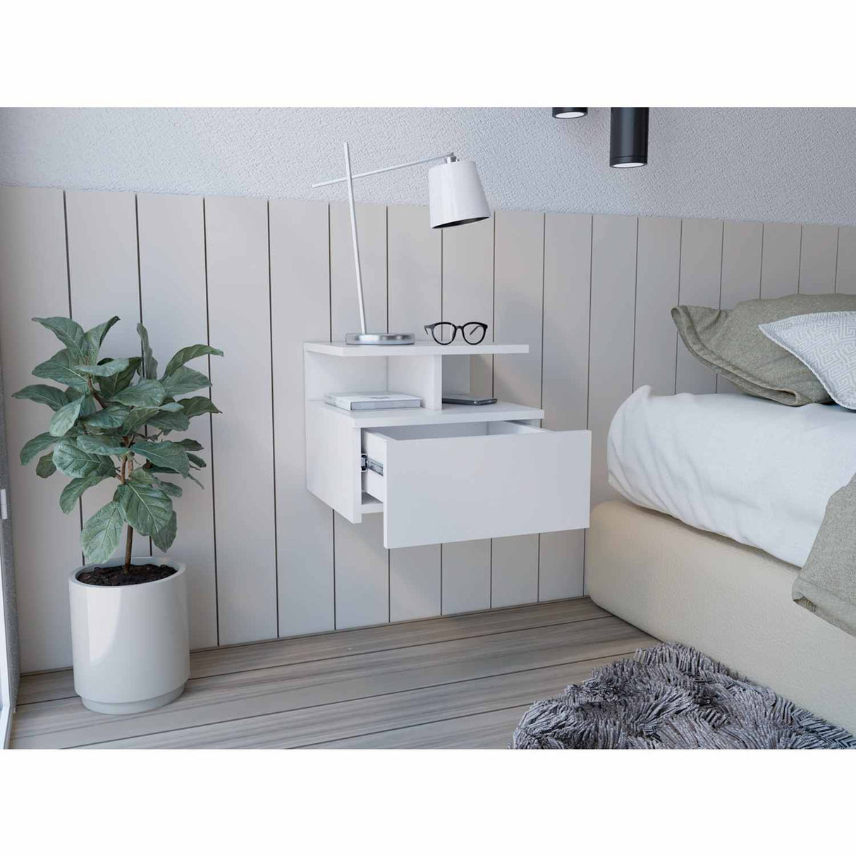 Mesa de Noche Flotante Blanco 36x30cm con Un Cajón y con Dos Compartimientos - Mesas de Noche | Bylmo