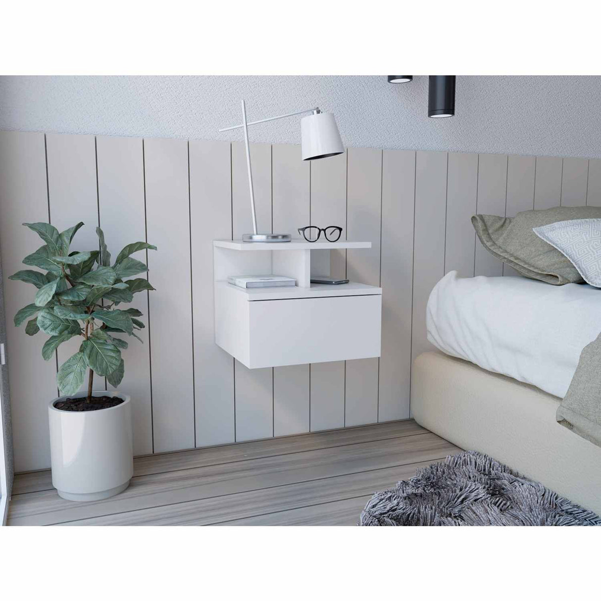 Mesa de Noche Flotante Blanco 36x30cm con Un Cajón y con Dos Compartimientos - Mesas de Noche | Bylmo