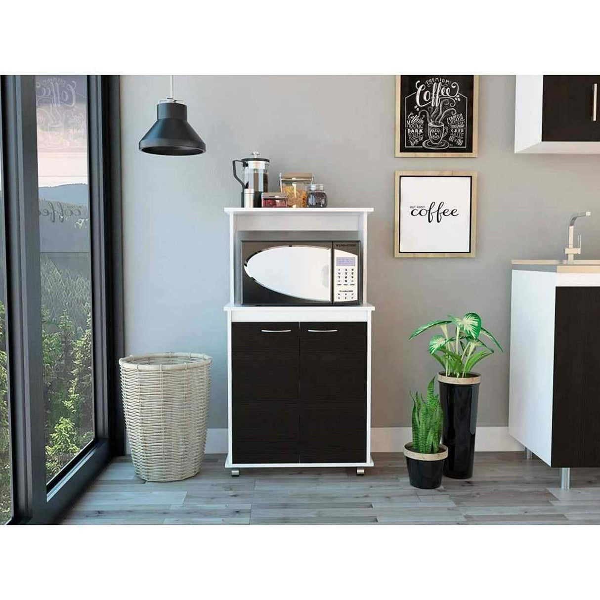 Mueble Microondas Italia Blanco y Wengue 63.1x113.5cm sin Cajones y con Dos Puertas - Muebles Organizadores | Bylmo