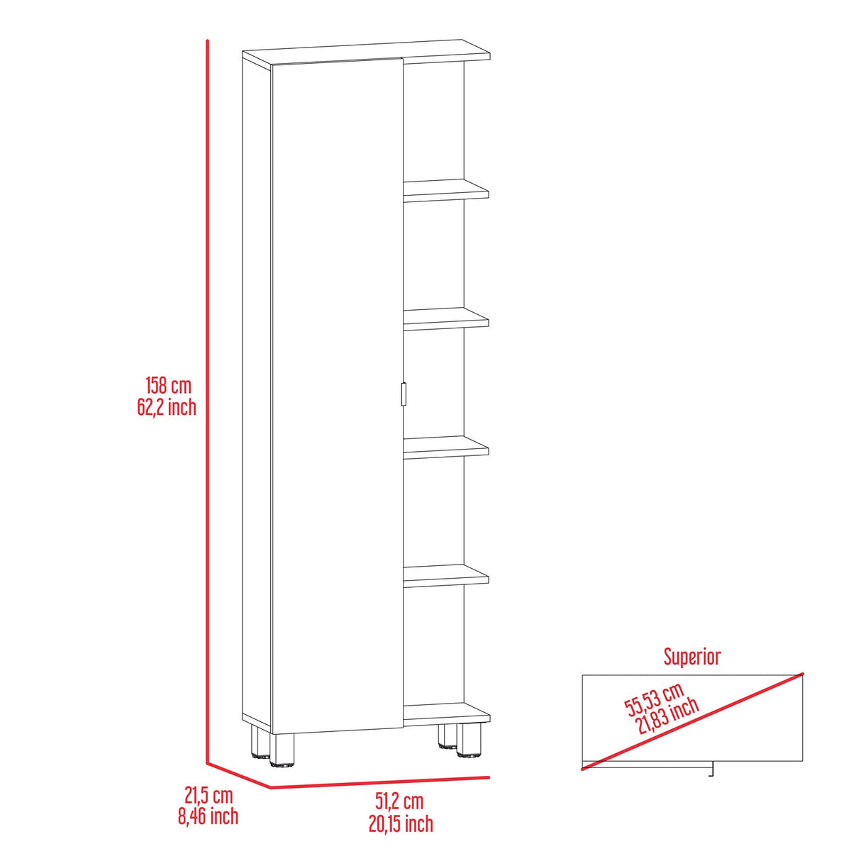 Mueble para Baño Esquinero Urano Blanco 51.2x158cm sin Cajones y con Cuatro Entrepaños - Gabinetes | Bylmo
