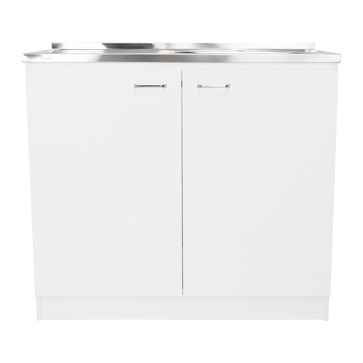 Mueble Inferior Napoles Blanco 100x90cm con Mesón de Acero Inoxidable y con Pozuelo Lado Derecho - Cocinas | Bylmo