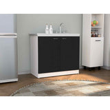 Mueble Inferior Napoles Wengue y Blanco 100x90cm con Mesón de Acero Inoxidable y con Pozuelo Lado Derecho - Cocinas | Bylmo