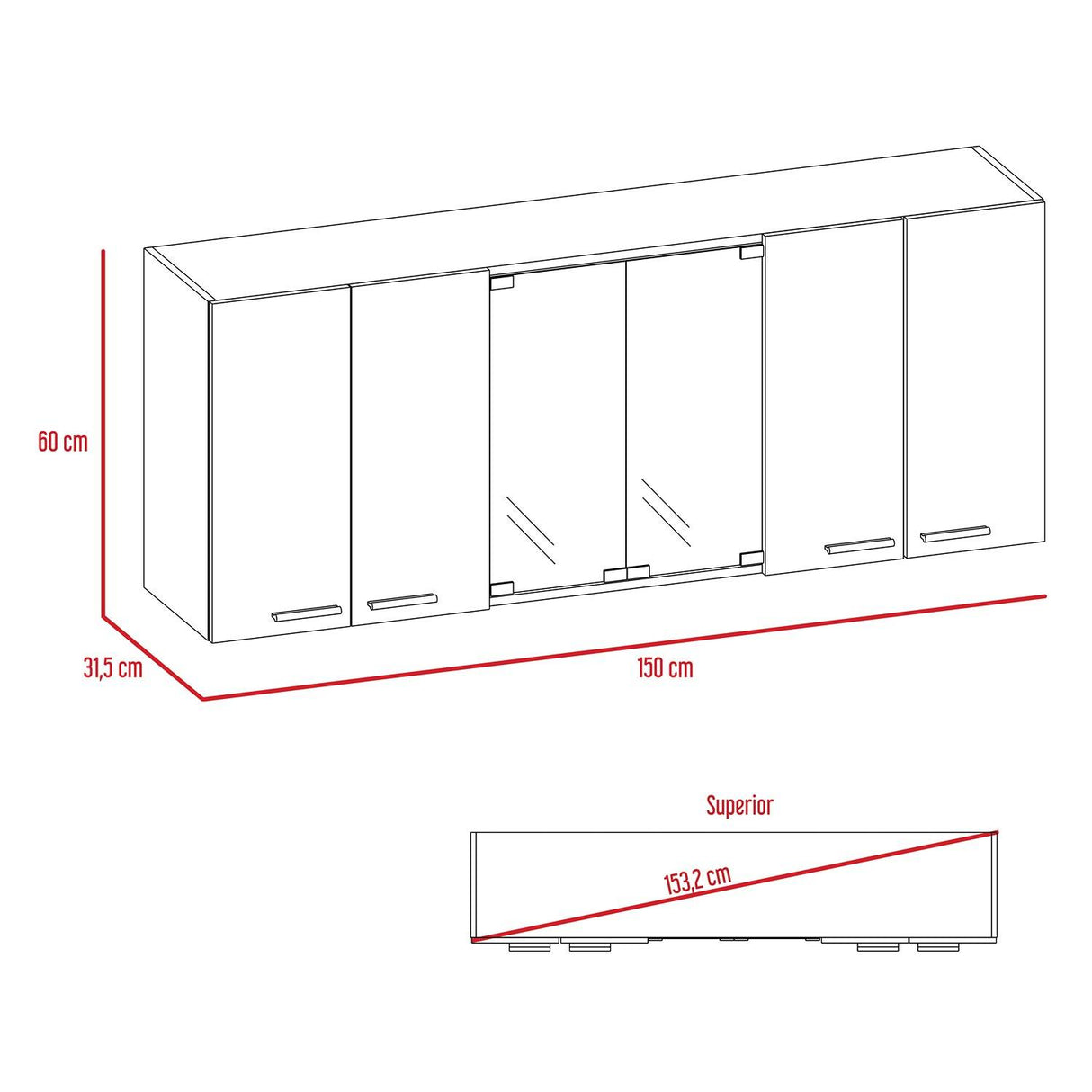 Mueble Superior de Cocina Miel y Plomo 150x60cm con Seis Puertas con Locero - Cocinas | Bylmo
