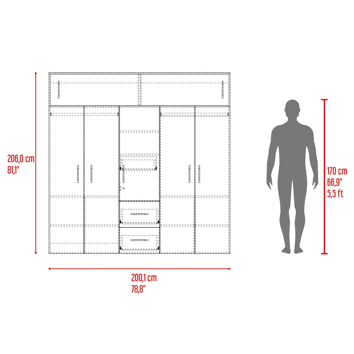 Closet Montevideo Bardolino y Blanco 200.1x206cm con 3 Cajones con 4 Entrepaños - Closets | Bylmo